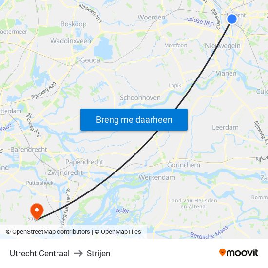 Utrecht Centraal to Strijen map