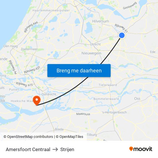 Amersfoort Centraal to Strijen map