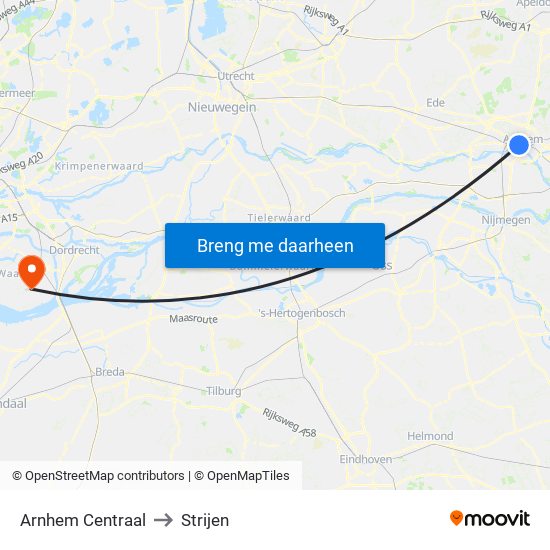 Arnhem Centraal to Strijen map