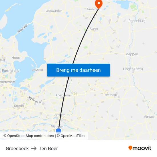 Groesbeek to Ten Boer map
