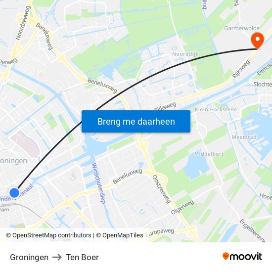 Groningen to Ten Boer map