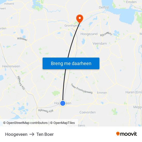 Hoogeveen to Ten Boer map