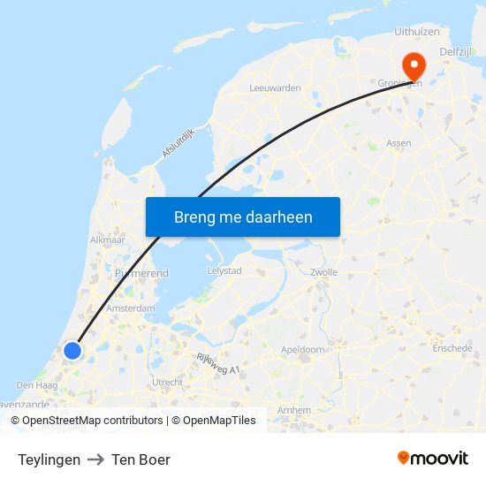 Teylingen to Ten Boer map