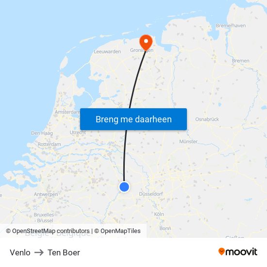 Venlo to Ten Boer map