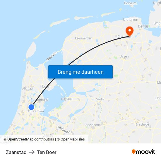 Zaanstad to Ten Boer map