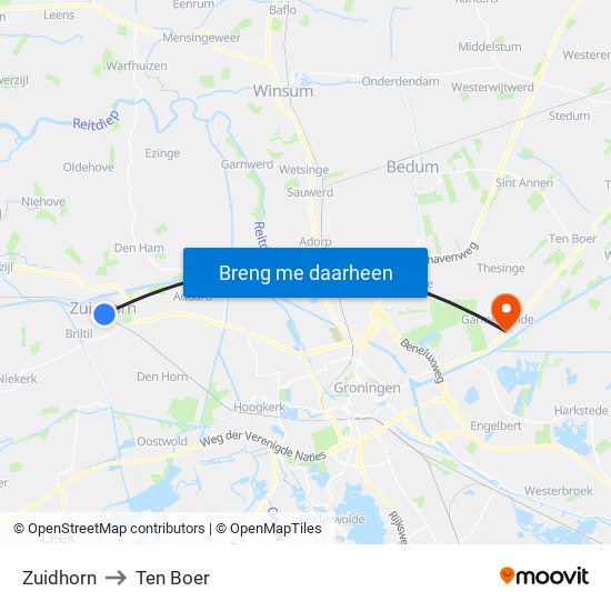 Zuidhorn to Ten Boer map