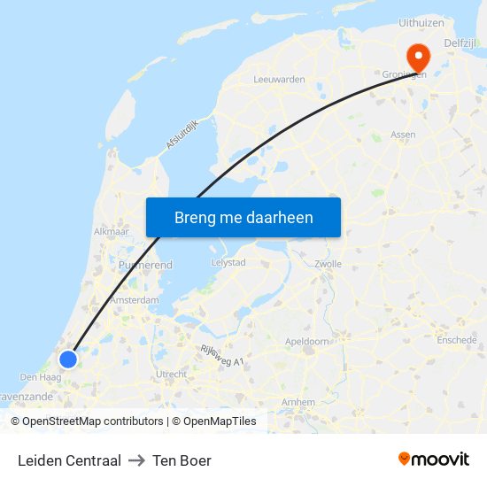 Leiden Centraal to Ten Boer map