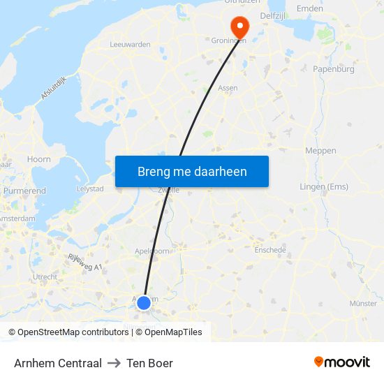 Arnhem Centraal to Ten Boer map