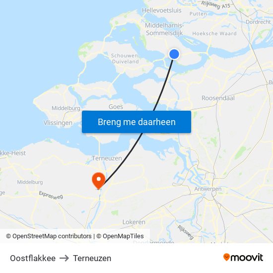 Oostflakkee to Terneuzen map