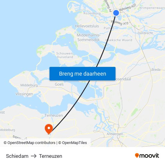 Schiedam to Terneuzen map