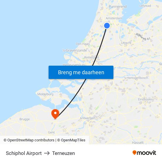 Schiphol Airport to Terneuzen map