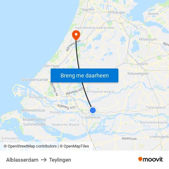 Alblasserdam to Teylingen map