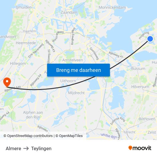 Almere to Teylingen map