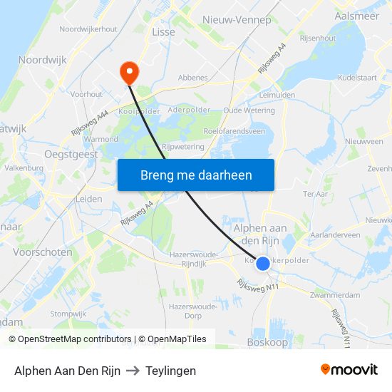 Alphen Aan Den Rijn to Teylingen map