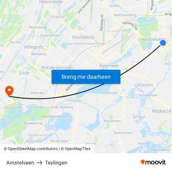 Amstelveen to Teylingen map