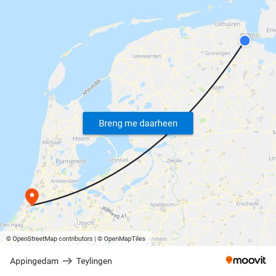 Appingedam to Teylingen map