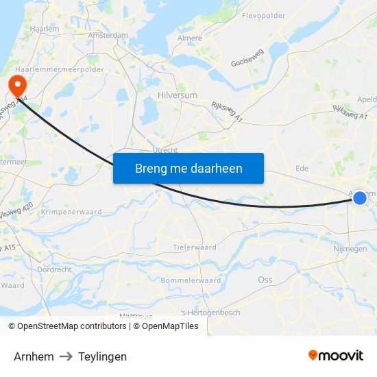 Arnhem to Teylingen map