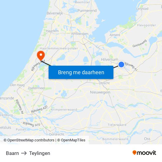 Baarn to Teylingen map