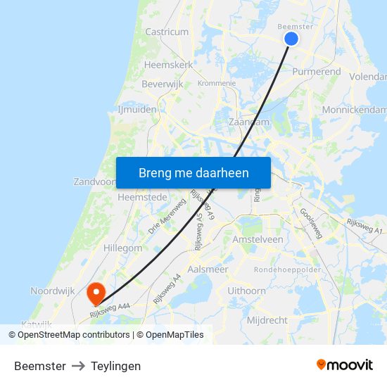 Beemster to Teylingen map