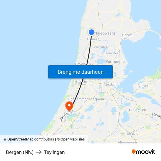 Bergen (Nh.) to Teylingen map