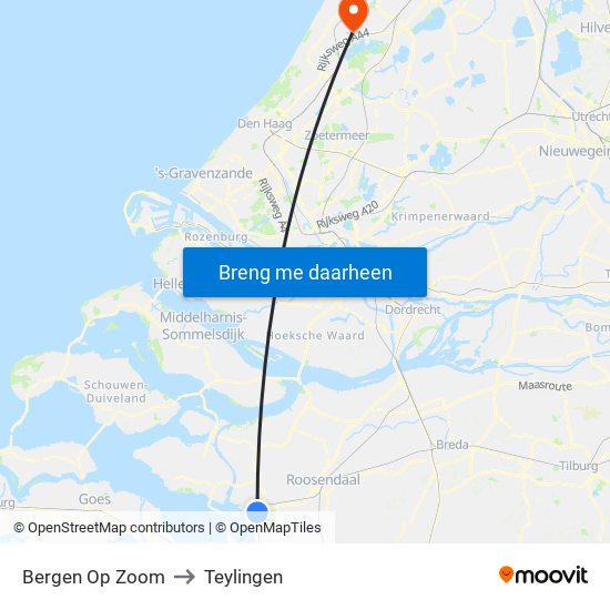 Bergen Op Zoom to Teylingen map