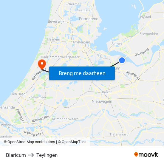 Blaricum to Teylingen map