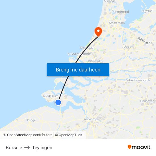 Borsele to Teylingen map