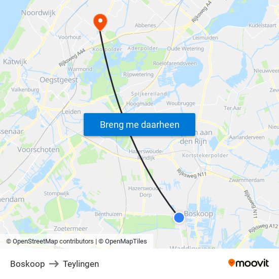 Boskoop to Teylingen map