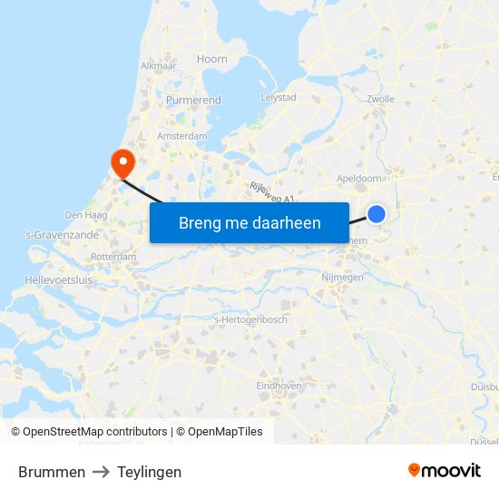 Brummen to Teylingen map