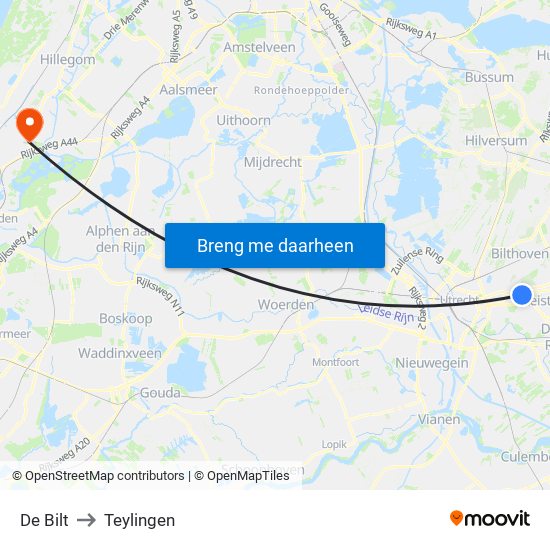 De Bilt to Teylingen map