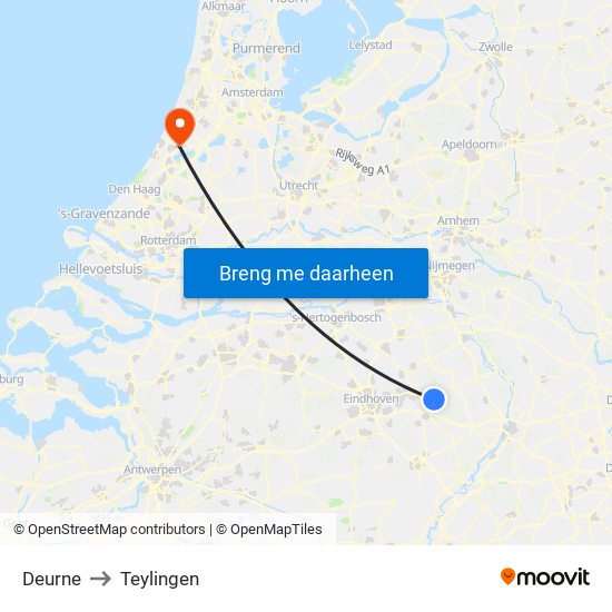 Deurne to Teylingen map