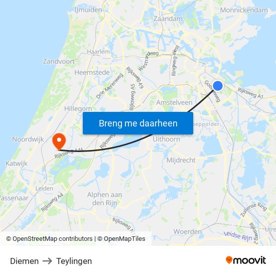 Diemen to Teylingen map