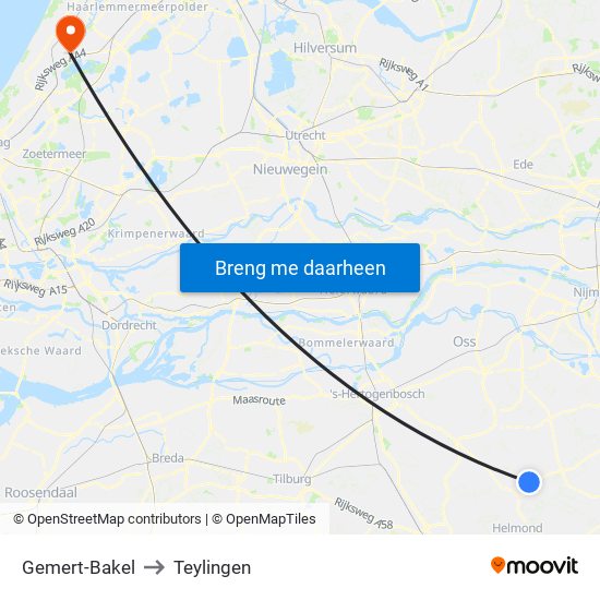 Gemert-Bakel to Teylingen map