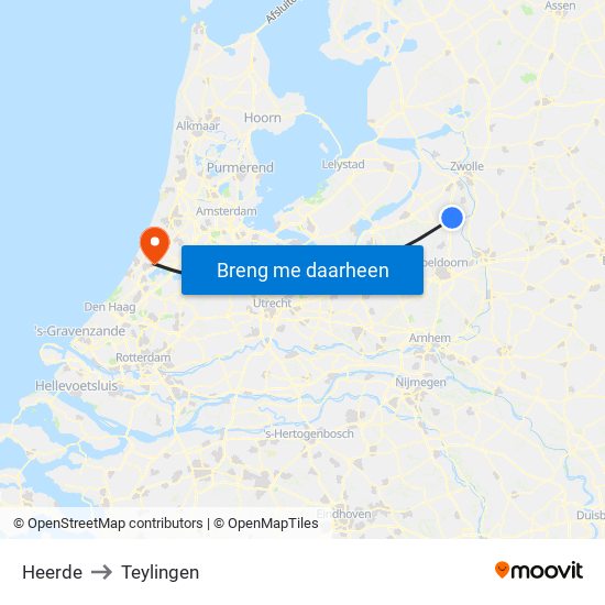 Heerde to Teylingen map