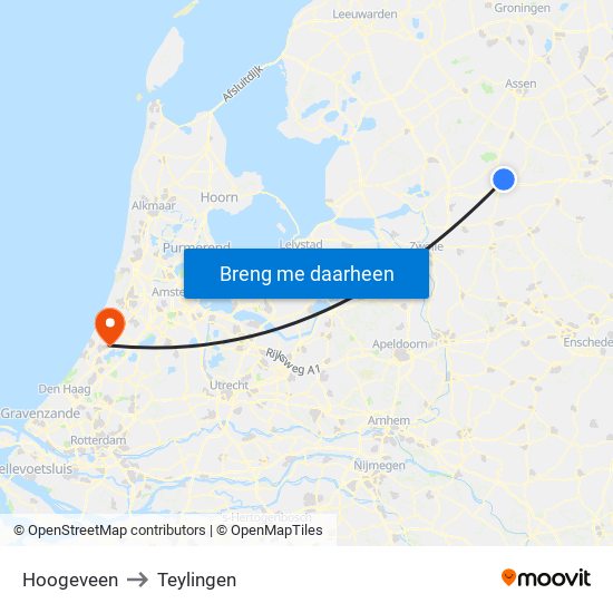 Hoogeveen to Teylingen map