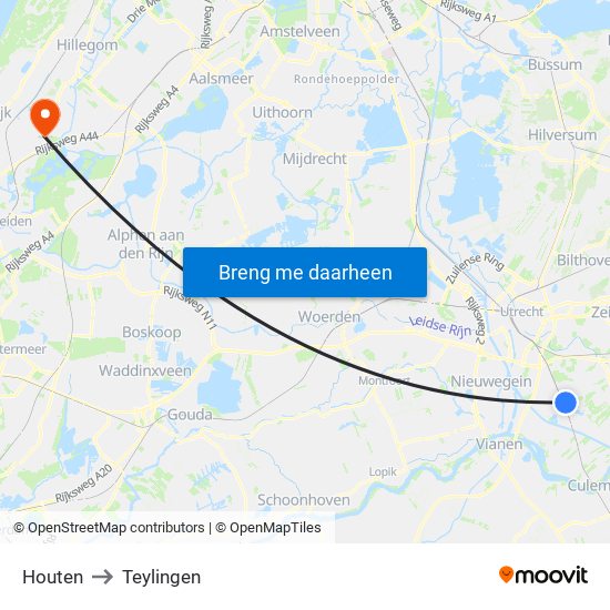 Houten to Teylingen map