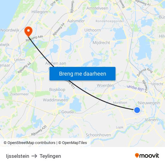 Ijsselstein to Teylingen map