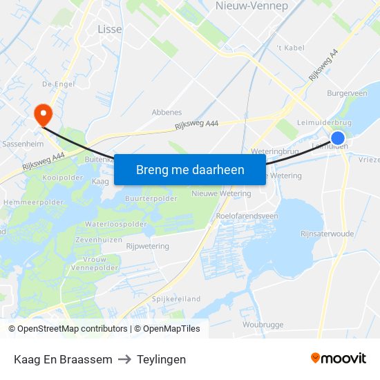 Kaag En Braassem to Teylingen map