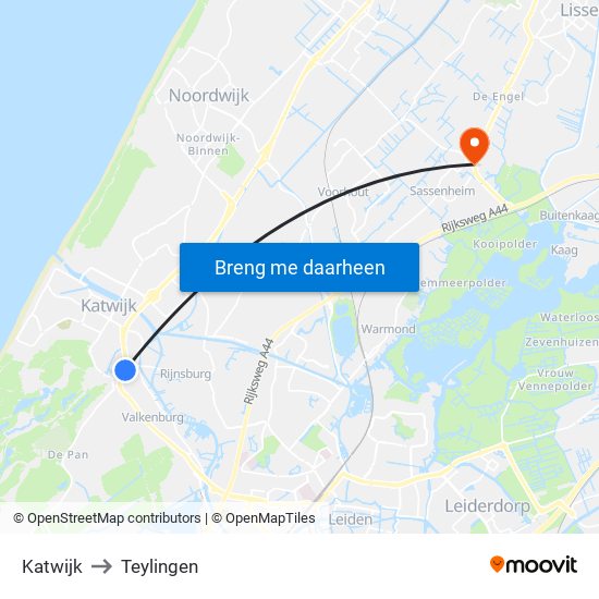 Katwijk to Teylingen map