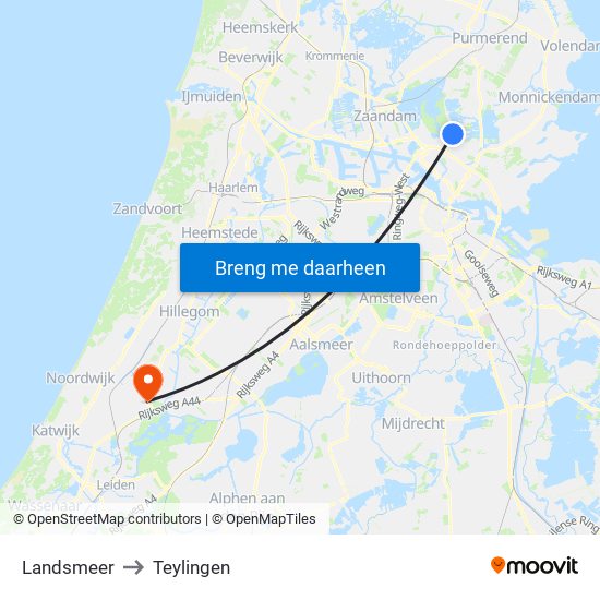 Landsmeer to Teylingen map