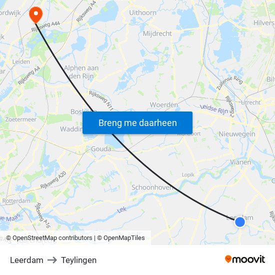 Leerdam to Teylingen map