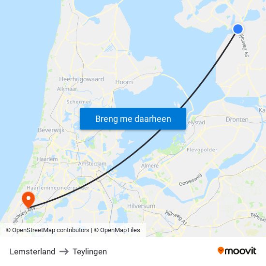 Lemsterland to Teylingen map