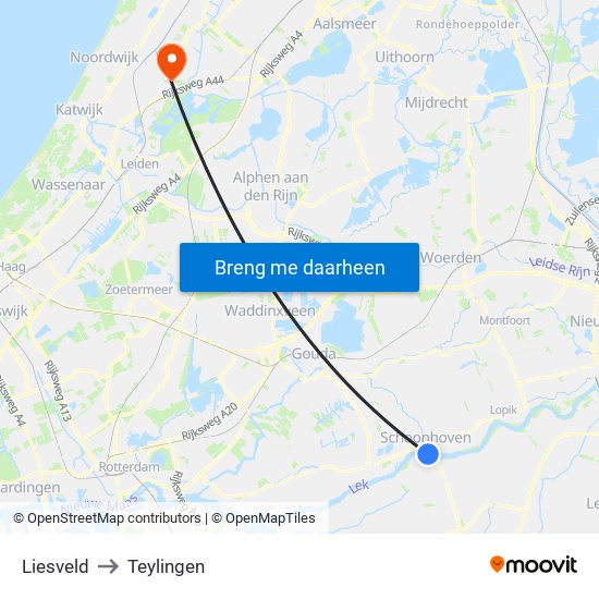 Liesveld to Teylingen map