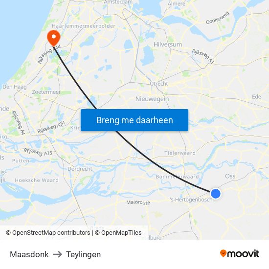 Maasdonk to Teylingen map