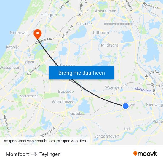 Montfoort to Teylingen map