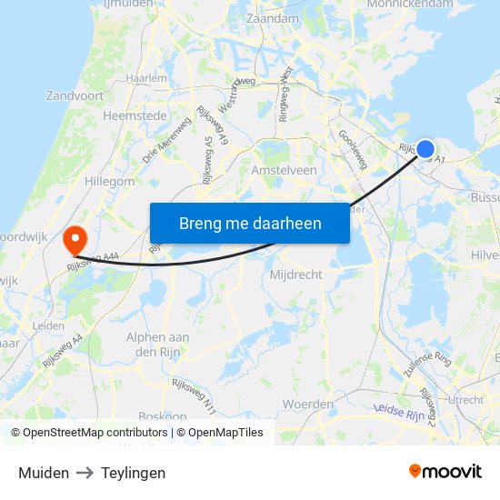 Muiden to Teylingen map