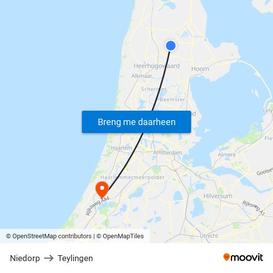 Niedorp to Teylingen map