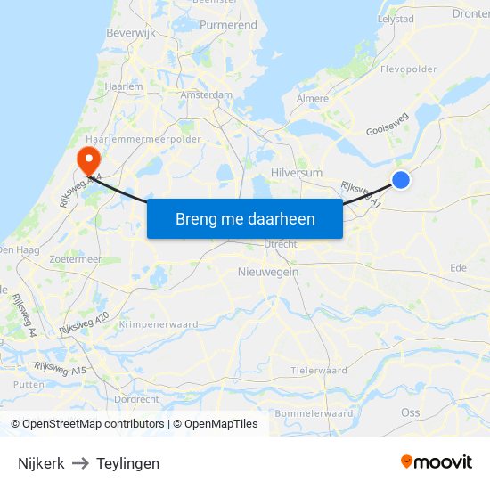 Nijkerk to Teylingen map