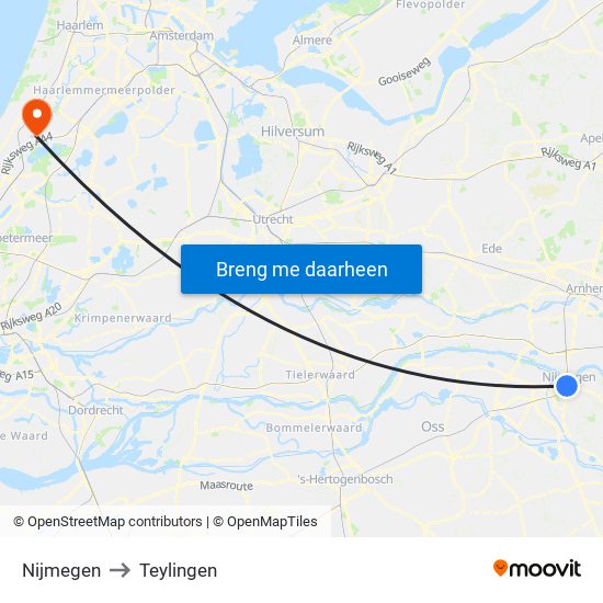 Nijmegen to Teylingen map