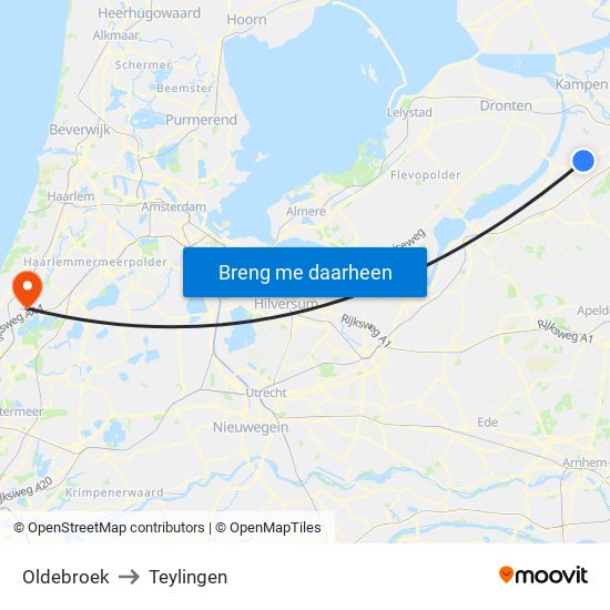 Oldebroek to Teylingen map